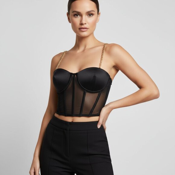 It Fashion Tops - Black Chain-Strap Bustier Top With Mesh & Gold Zipper Accent